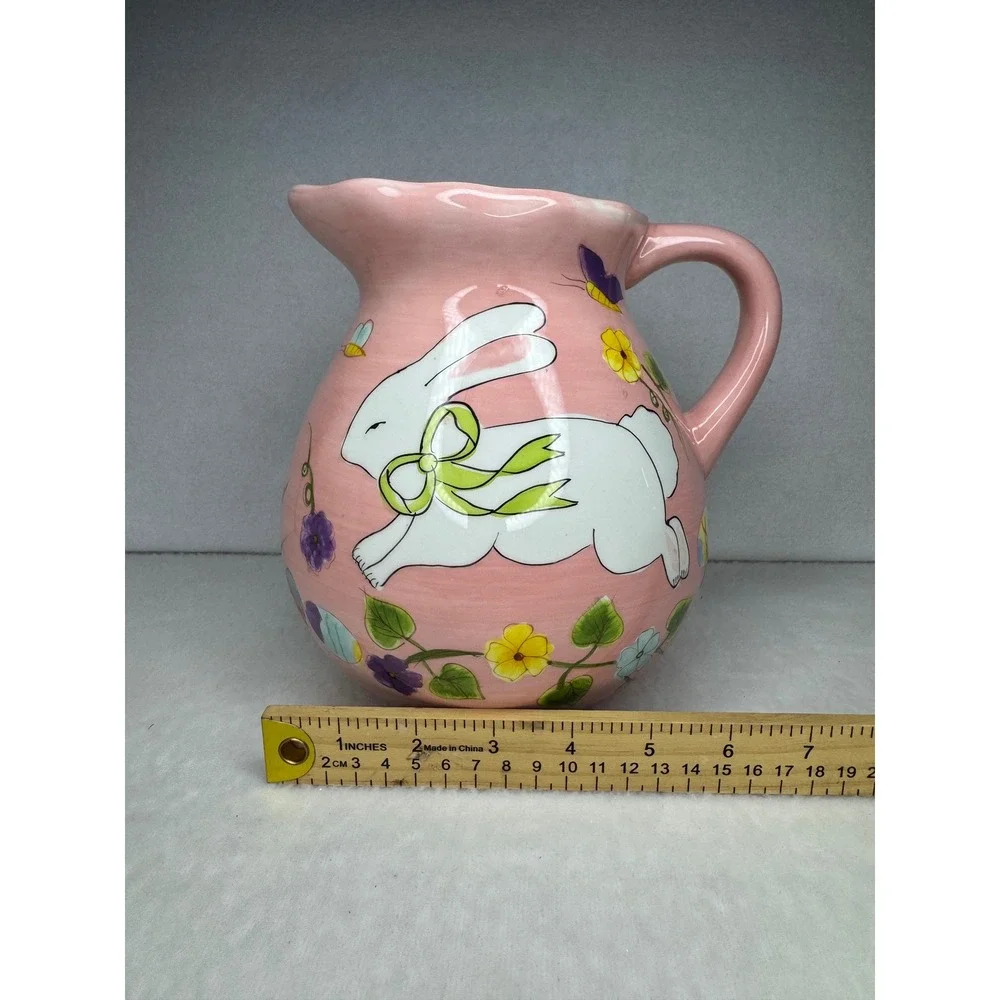 Gates Ware Easter Bunny Ceramic Pitcher Pink Floral Spring Rabbit‎ Large Juice